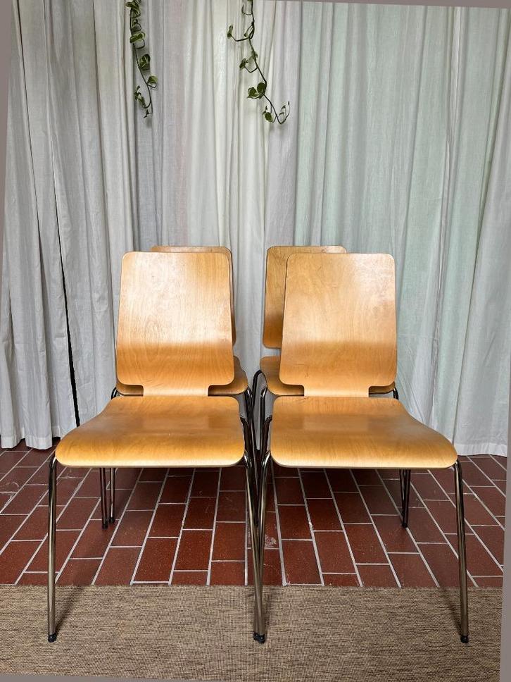 4 vintage IKEA Gilbert hout stoelen, Huis en Inrichting, Stoelen, Gebruikt, Vier, Hout, Bruin, Ophalen