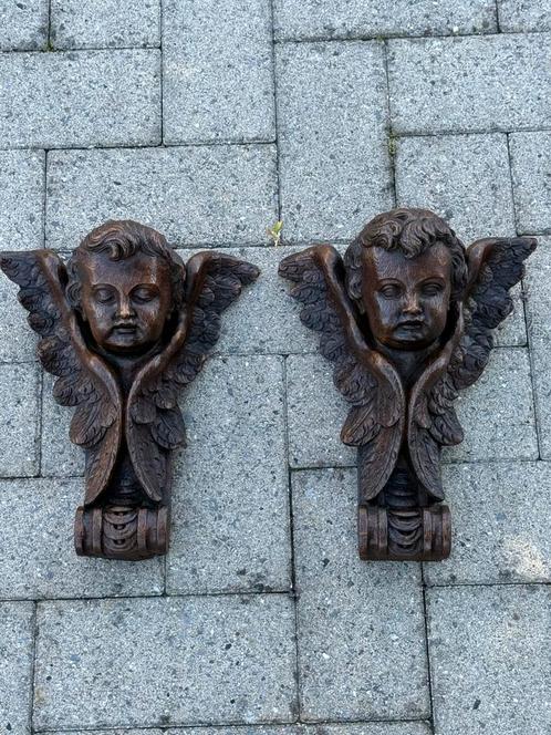 Stel antieke eiken engelen 18e eeuw, Antiek en Kunst, Kunst | Beelden en Houtsnijwerken, Ophalen of Verzenden