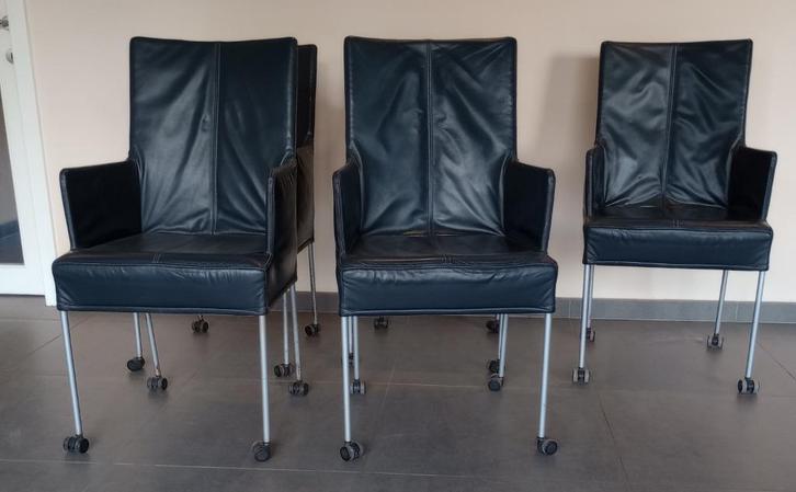 6 eettafel stoelen in echt leer, Huis en Inrichting, Stoelen, Zo goed als nieuw, Vijf, Zes of meer stoelen, Leer, Blauw, Ophalen
