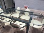 Glazen tafel met 6 stoelen, Glas, 100 tot 150 cm, 150 tot 200 cm, Gebruikt