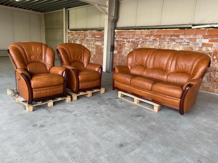 Lederen salon, Huis en Inrichting, Zetels | Complete zithoeken, Zo goed als nieuw, Hout, Leer, Ophalen