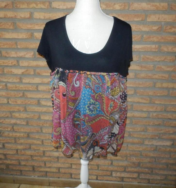 (165)- blouse femme t.L noire rouge - phildar -, Kleding | Dames, Blouses en Tunieken, Zo goed als nieuw, Maat 38/40 (M), Zwart