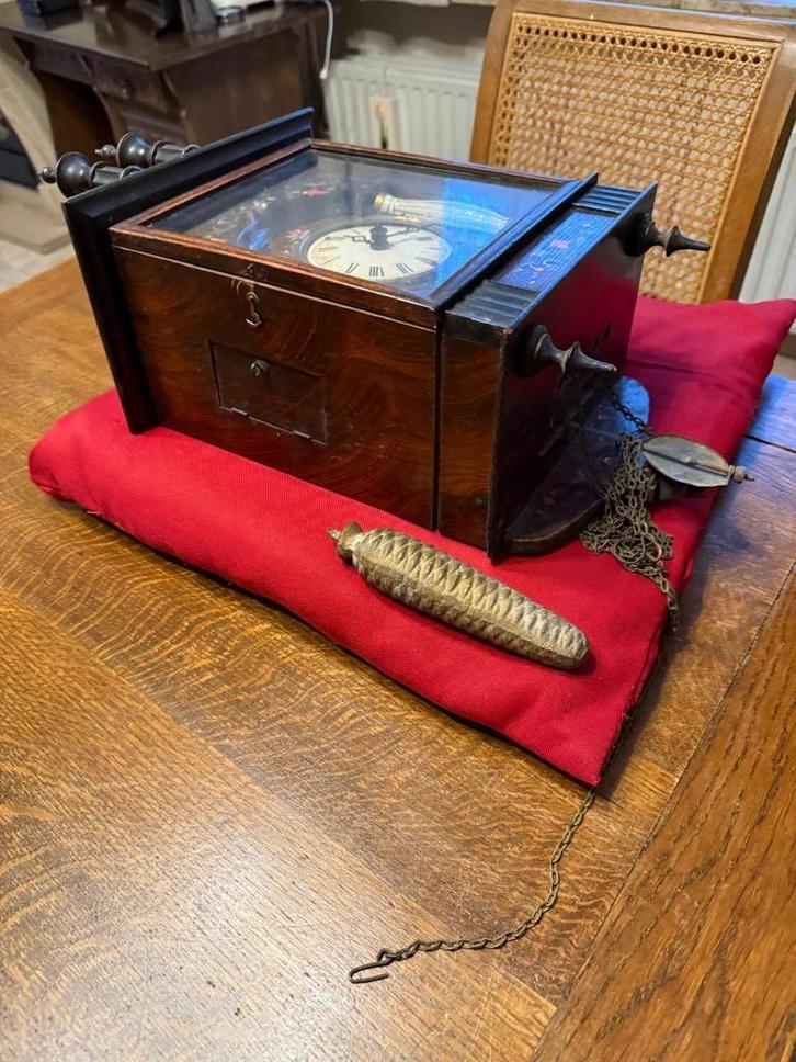 Houte Kast-Wandklok Met beschilderd glas Duitse lantaarnklok, Antiek en Kunst, Antiek | Klokken, Ophalen