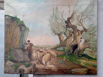 Oude pastorale olieverfschilderij 1930-1950 beschikbaar voor biedingen