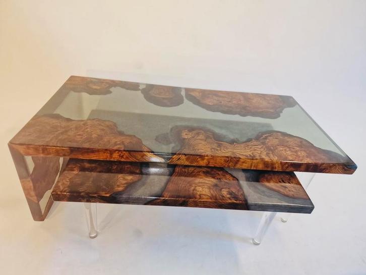 Waterval tafel van Amerikaanse Iepenhout. Smokey grey, Huis en Inrichting, Tafels | Salontafels, Nieuw, Eikenhout, Verzenden