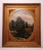 Oude olieverf op doek – landelijk landschap met figuren, Ophalen