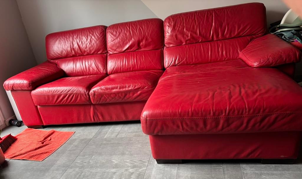 Canapé d’angle en cuir rouge avec méridienne, Maison & Meubles, Canapés | Salons, Enlèvement, Comme neuf, Cuir