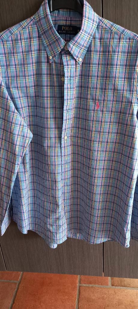 geruit mannenhemd Ralph Lauren blauw roze logo maat M, Kleding | Heren, Overhemden, Zo goed als nieuw, Halswijdte 39/40 (M), Blauw