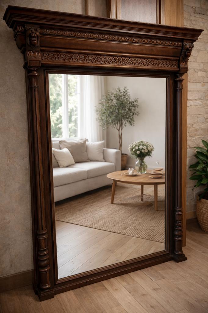 Grand miroir ancien en bois sculpté, Antiquités & Art, Antiquités | Miroirs, 100 à 150 cm, 150 à 200 cm, Rectangulaire, Enlèvement