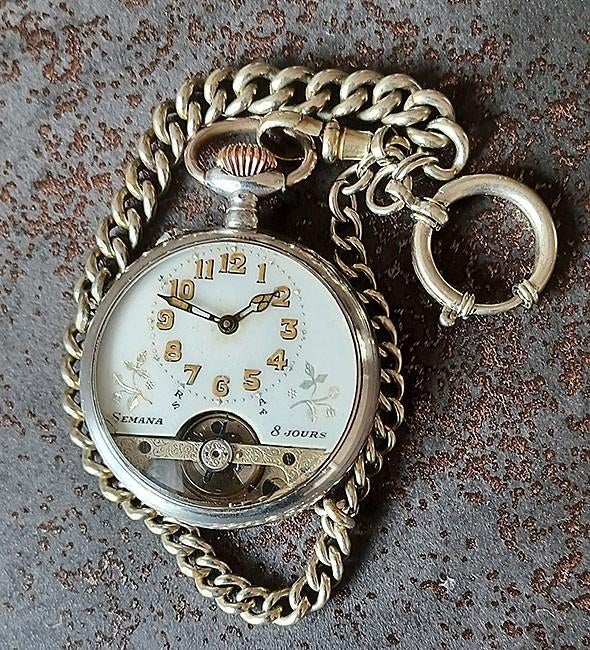 Montre de poche à 8 jours en argent datant d'environ 1910, Bijoux, Sacs & Beauté, Autres marques, 1900 à 1930, Avec chaîne, Enlèvement ou Envoi