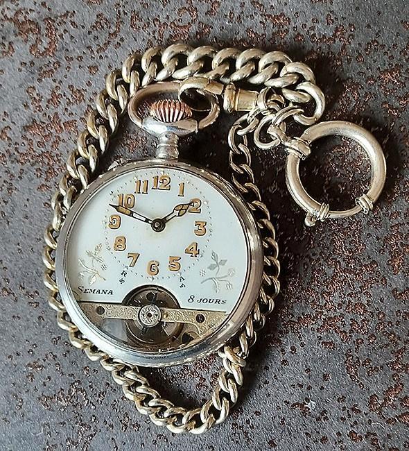 Zilveren 8-daags zakhorloge uit omstreeks 1910, Handtassen en Accessoires, Horloges | Antiek, Zakhorloge, Overige merken, Zilver