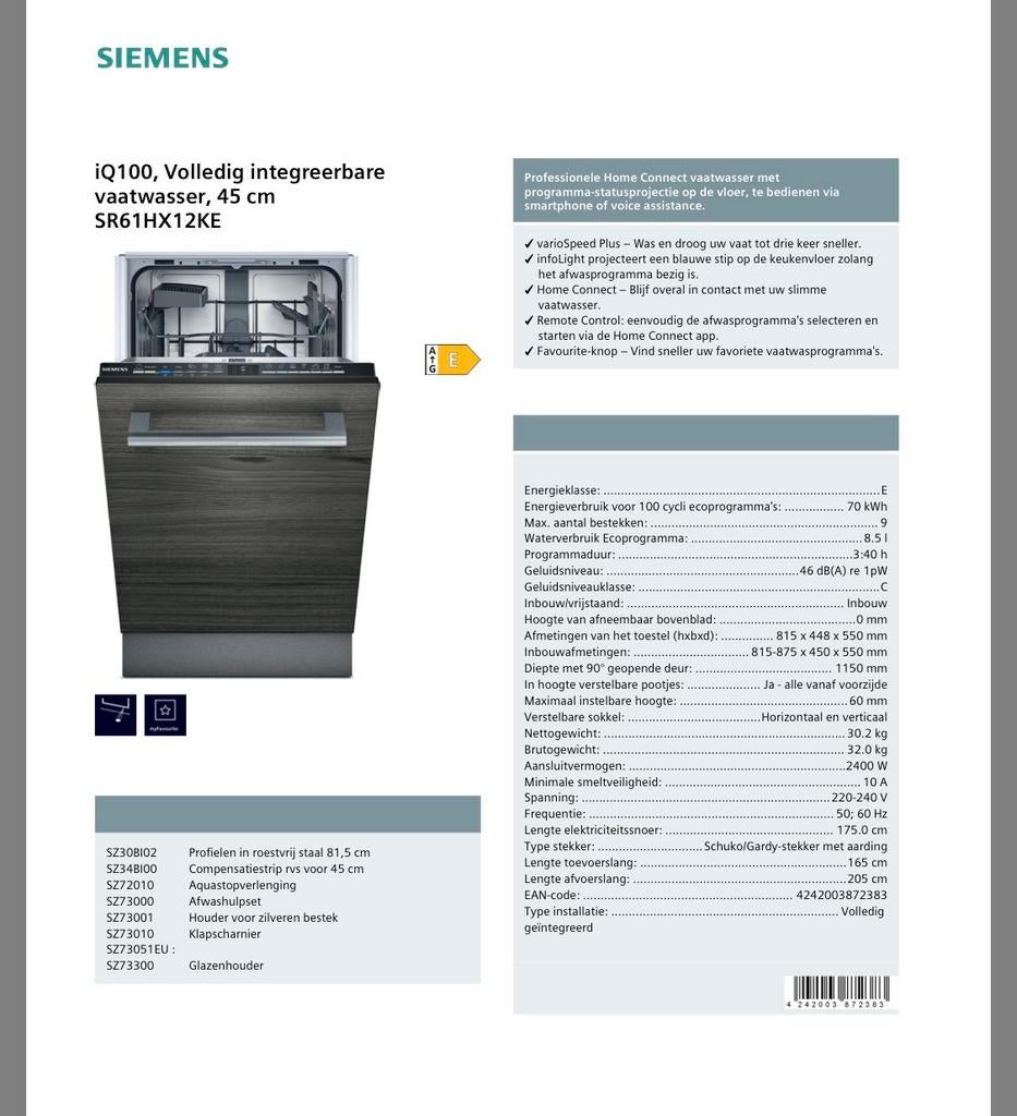 Vaatwasser siemens 45 cm breed, Enlèvement, Comme neuf, Encastré