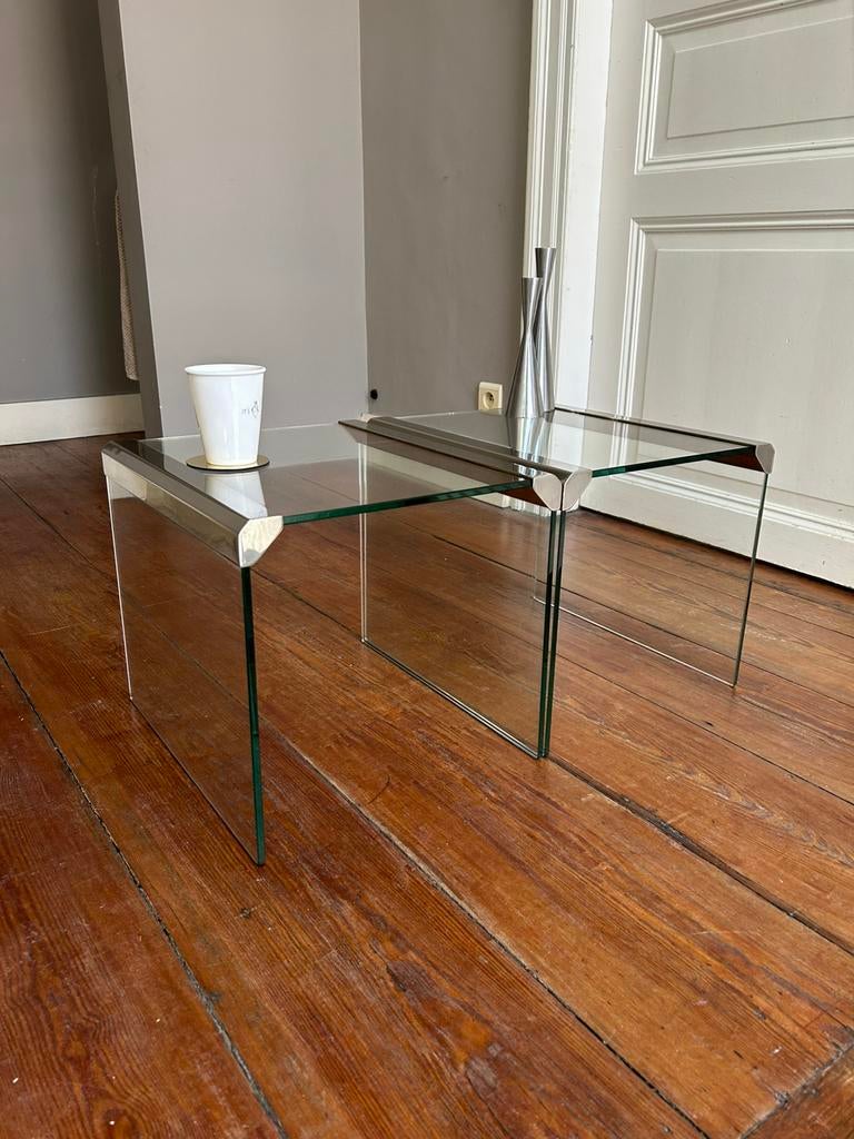 Vintage Gallotti & Radice glazen bijzettafels – jaren 70, Huis en Inrichting, Ophalen, Minder dan 50 cm, Minder dan 50 cm, Zo goed als nieuw