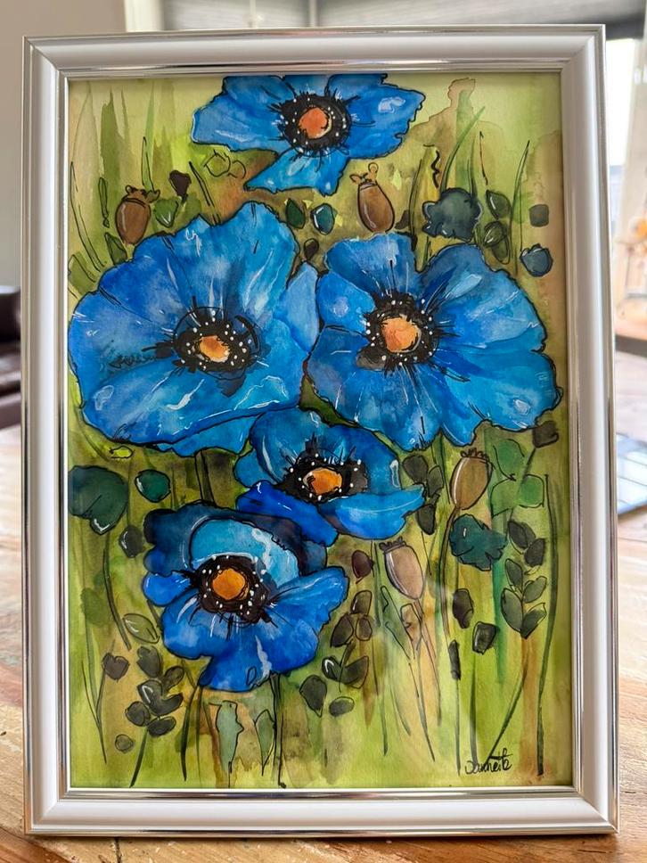 Bloemen Aquarel Blauwe Papavers, Antiek en Kunst, Kunst | Schilderijen | Klassiek, Verzenden