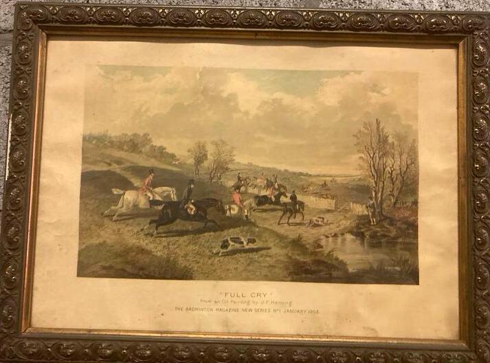 Antieke jachtprent “Full Cry” Eng. cottage / land. stijl, Ophalen