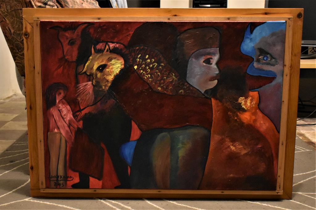 Abstract schilderij de stierman, signatuur Joky Kamo, Ophalen