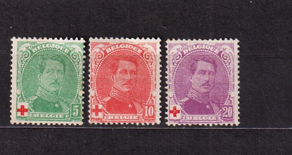 Belgique 1914 COB 129/131 Albert I, Trace d'autocollant, Non oblitéré, Croix-Rouge, Envoi