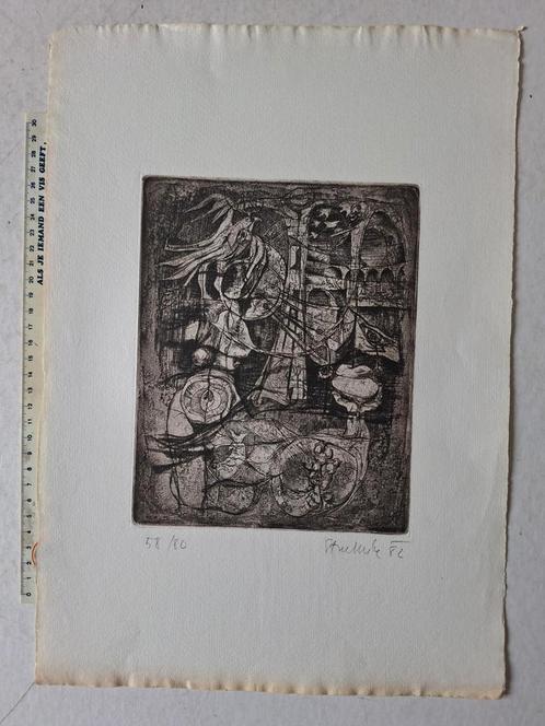 Ets Miroslav Stuchlik fantastische compositie uit 1982, Antiek en Kunst, Kunst | Etsen en Gravures, Ophalen of Verzenden
