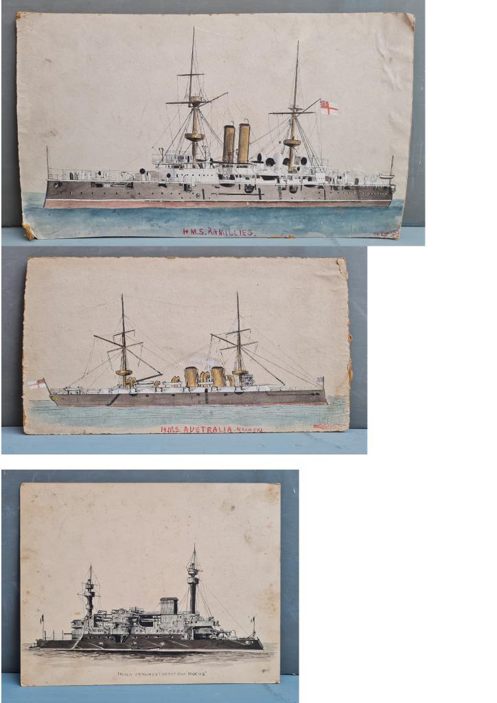3 Fine Watercolours Battleships Ramillies Australia Hoch, Antiek en Kunst, Kunst | Tekeningen en Fotografie, Ophalen of Verzenden