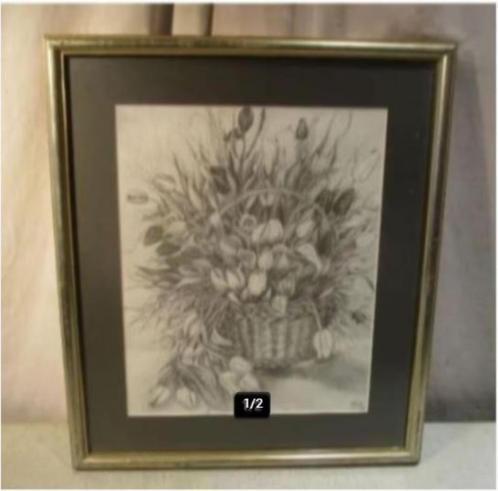 Mooie Tekening 'Korf met Tulpen' - Kasia Poland, Antiek en Kunst, Kunst | Tekeningen en Fotografie, Ophalen of Verzenden