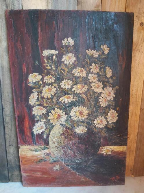 Prachtig oud bloemen schilderij op hardboard, Antiek en Kunst, Kunst | Schilderijen | Klassiek, Ophalen of Verzenden
