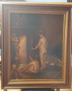 schilderij 2 kinderen bij haard - onbekende kunstenaar, Antiek en Kunst, Ophalen