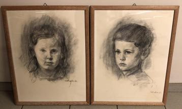 2 Zeer Mooie Portrettekeningen - Gesigneerd - Ingekaderd beschikbaar voor biedingen