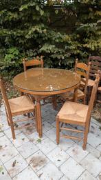 Ronde tafel met glazen blad + 4 stoelen, Ophalen, Gebruikt