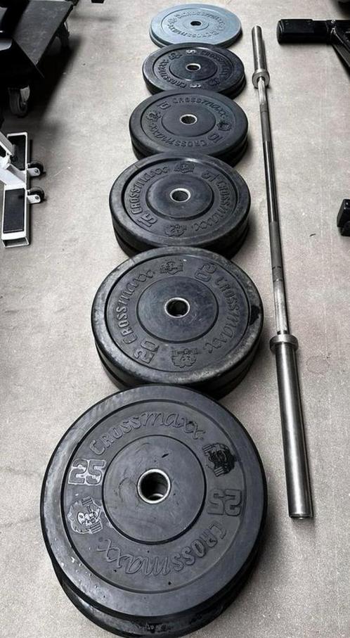 155kg Crossmaxx Bumperplates + Crossmaxx Barbell 220cm,20kg, Sport en Fitness, Fitnessmaterialen, Gebruikt, Halterschijven, Ophalen