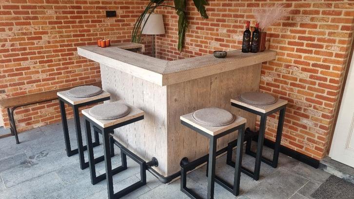 Bar - bar d'angle - bois d'échafaudage - avec tabourets, Maison & Meubles, Dénudé, Comme neuf, Y compris les chaises de bar, Enlèvement