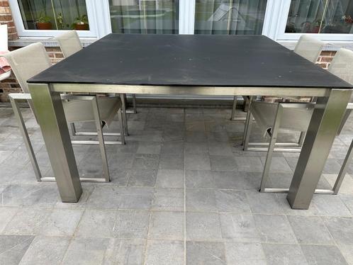 Tuinset tafel en 4 zetels in inox, Tuin en Terras, Tuinsets en Loungesets, Zo goed als nieuw, Tuinset, Inox, 8 zitplaatsen, Ophalen