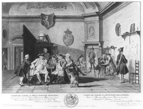 Gravure Corps de Garde van Hollandse officieren (1754), Antiek en Kunst, Kunst | Etsen en Gravures, Ophalen of Verzenden