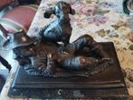 Bronze "jager met hond". A. Moreau. + marbre., Antiquités & Art, Antiquités | Bronze & Cuivre, Bronze, Enlèvement