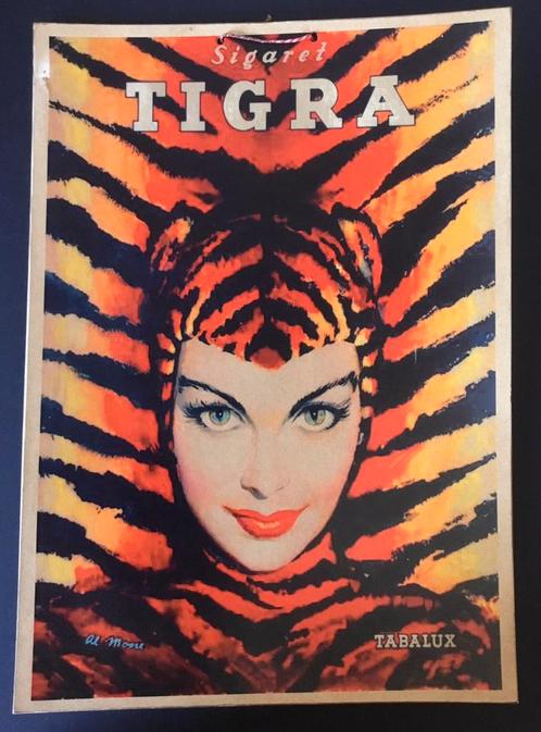 Vintage reclamebord uit karton van het sigarettenmerk TIGRA., Verzamelen, Merken en Reclamevoorwerpen, Gebruikt, Reclamebord, Ophalen of Verzenden