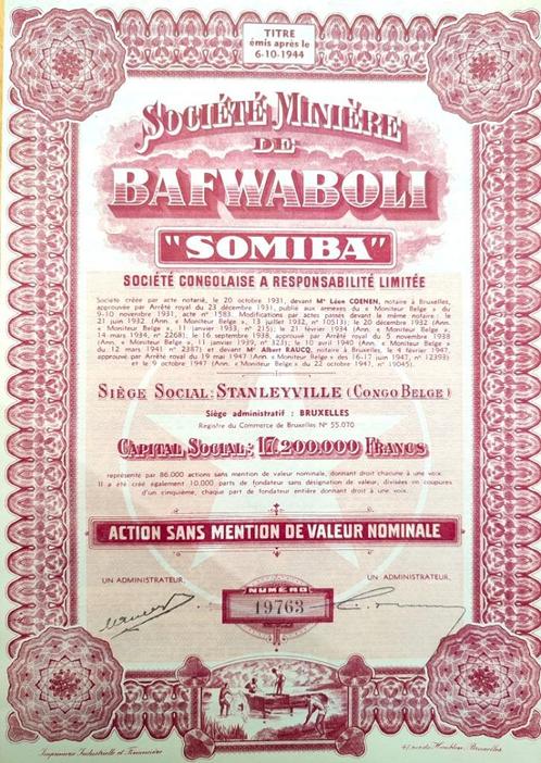 Soc.Minière de Bafwaboli "SOMIBA" (Belgisch.Congo) 1947, Timbres & Monnaies, Actions & Titres, Action, 1920 à 1950, Enlèvement ou Envoi