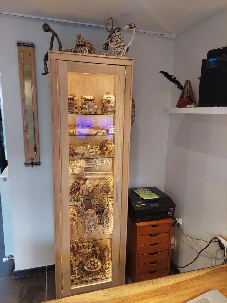 bouwmodellen van Ugears en Woodtrick met etalagekast, Hobby en Vrije tijd, Modelbouw | Auto's en Voertuigen, Zo goed als nieuw