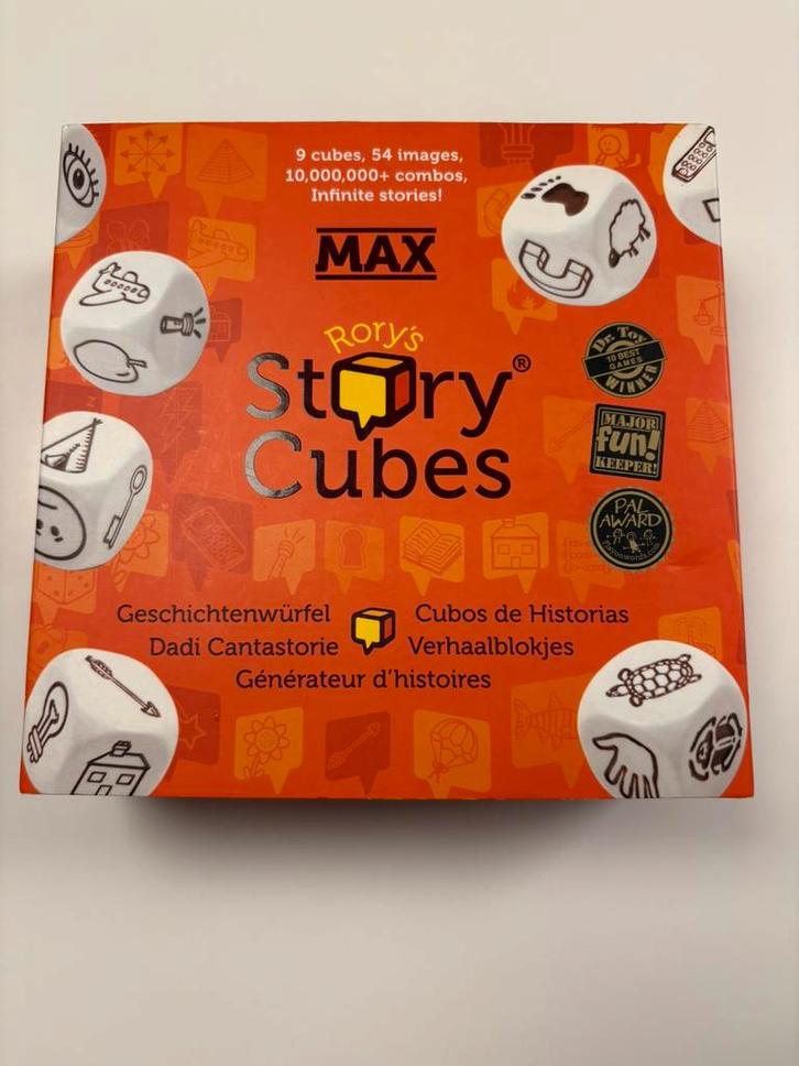Rory’s Story Cubes Max, Hobby en Vrije tijd, Gezelschapsspellen | Overige, Zo goed als nieuw, Een of twee spelers, Drie of vier spelers