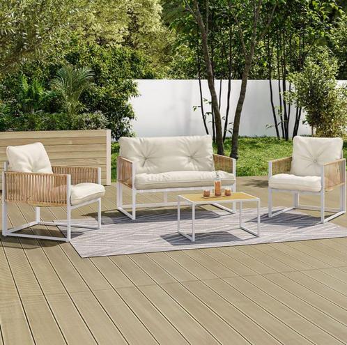 4-zits lage tuinset van wit staal, licht rotan koorden NIEUW, Tuin en Terras, Tuinsets en Loungesets, Nieuw, Tuinset, Rotan, 4 zitplaatsen