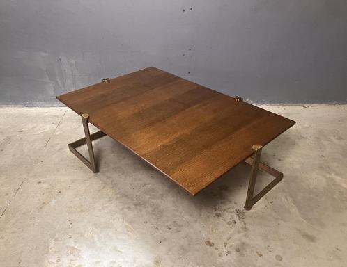 Vintage salontafel seventies V-poot koper, Huis en Inrichting, Tafels | Salontafels, Gebruikt, Rechthoekig, Overige houtsoorten