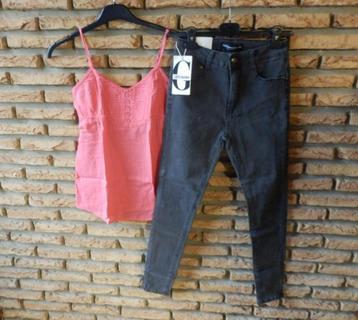 (11) - jeans femme t.36 gris - neuf + top rose beschikbaar voor biedingen