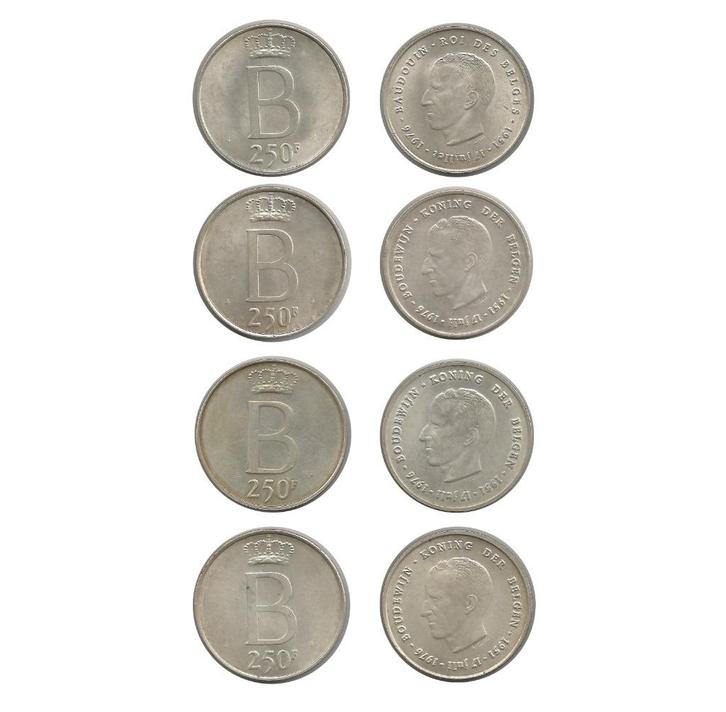 4x België 250 Frank 1976  - 25 jaar Koning Boudewijn, Postzegels en Munten, Munten | België, Setje, Zilver, Zilver, Ophalen of Verzenden