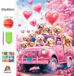 Chiots peints au diamant sur une voiture rose 50x40cm (carré, Envoi, Neuf, Bricolage