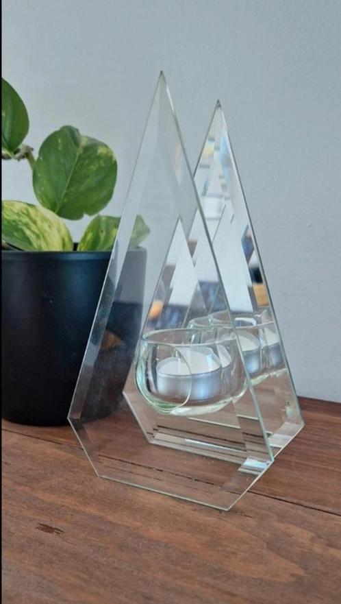 Vintage kaarsenhouder van glas met spiegeling, Antiek en Kunst, Antiek | Kandelaars, Glas, Ophalen of Verzenden