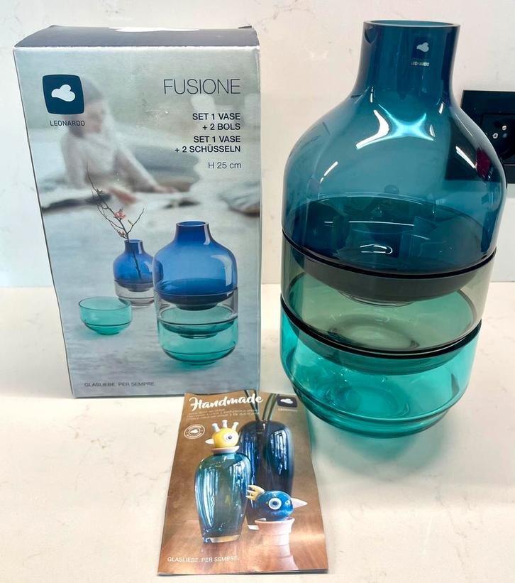 🆕 Leonardo fusione glazen set 3-delig, vaas + 2 schalen, Huis en Inrichting, Woonaccessoires | Vazen, Nieuw, Blauw, Minder dan 50 cm