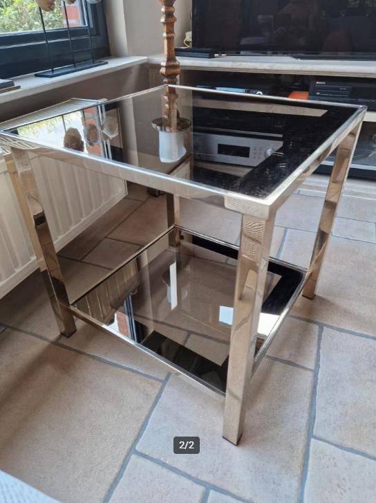 Glamoureuze Belgochrom glazen bijzettafeltje met twee lagen, Huis en Inrichting, Tafels | Bijzettafels, Zo goed als nieuw, Vierkant