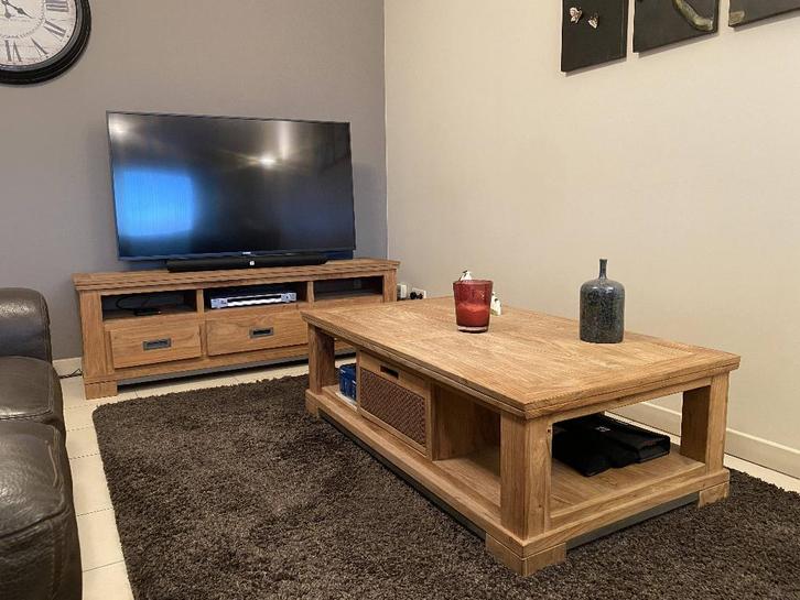 teakhouten tv-meubel en salontafelset, Huis en Inrichting, Tafels | Salontafels, Zo goed als nieuw, 50 tot 75 cm, Minder dan 50 cm