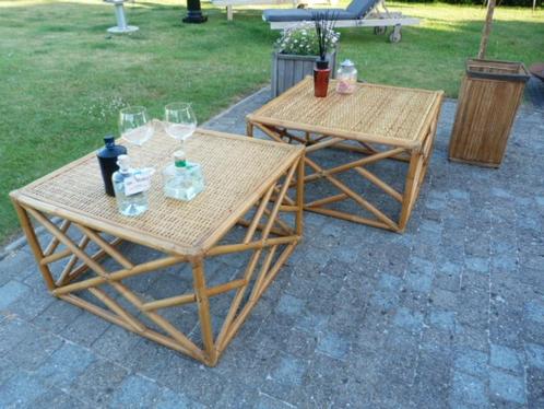 Vintage bamboo / rotan salontafels + (paraplu)bak, Huis en Inrichting, Tafels | Salontafels, Gebruikt, Ophalen