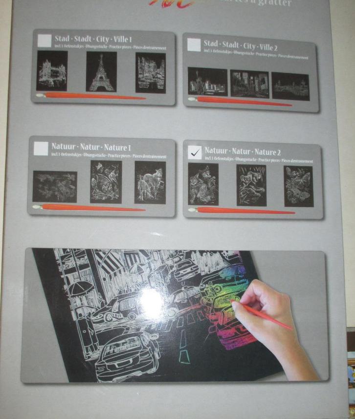 Scratch set , met 3 tekeningen in doos , nieuwe staat, Hobby en Vrije tijd, Knutselen, Nieuw, Materiaal, Ophalen of Verzenden