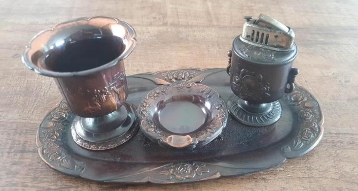 setje antieke koper , schaal , asbakjes , aansteker ....., Antiek en Kunst, Curiosa en Brocante, Ophalen of Verzenden