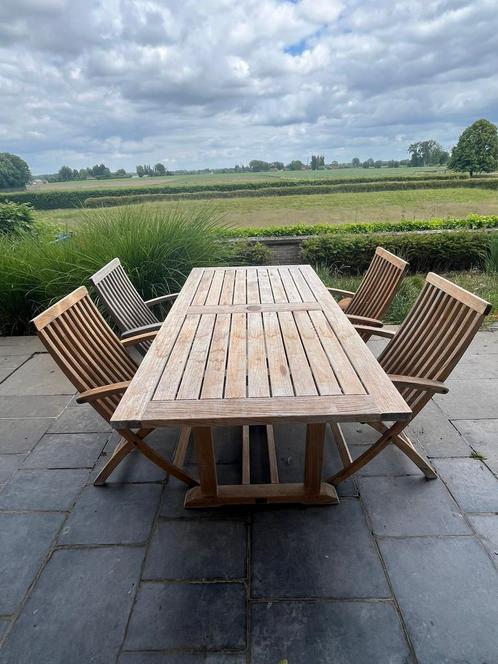GLOSTER teak eettafel + 4 uitklapbare eetstoelen + tuinbank, Tuin en Terras, Tuinsets en Loungesets, Zo goed als nieuw, Tuinset